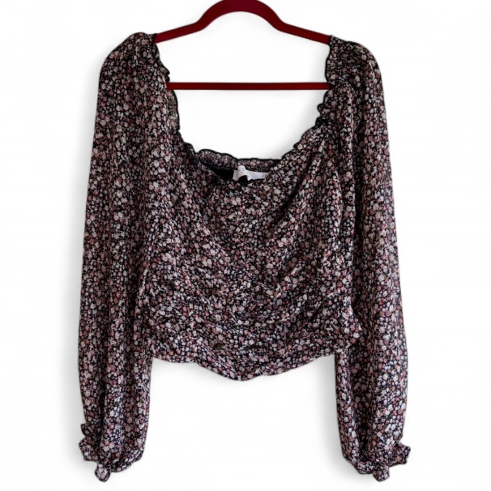 ASTR The Label Floral Chiffon Off The Shoulder Crop Boho Peasant Top Size L